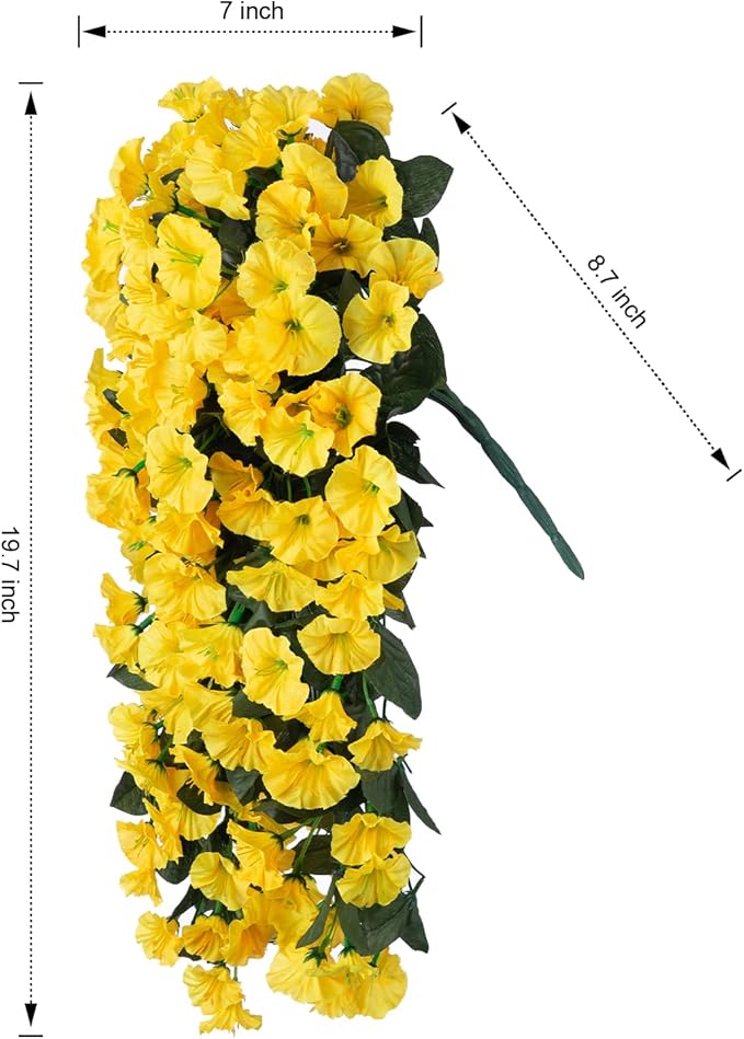 HyeFlora Artificial Fake Hanging Flowers Plants for Outdoor Outside Spring Decoration, 2PCS Faux Silk UV Resistant Look Real Yellow Morning Glory Trailing Vines for Home Planter Porch Patio Balcony