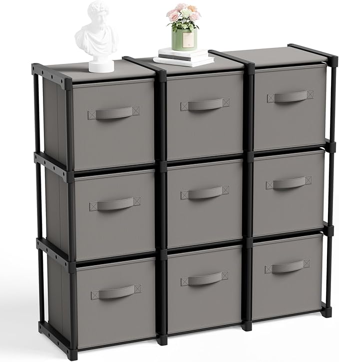 9 Cube Storage Organizer with Shelf Back to School Boxes 11 Inch Toy Storage Bins Closet Organizers Drawers Fabric Dresser for Playroom Books Bedroom Dorm Kitchen (Grey)