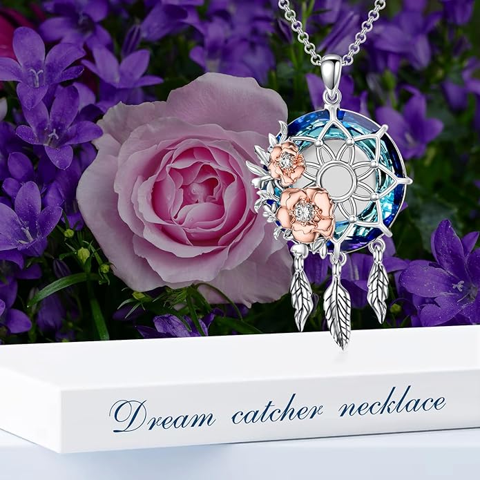Dream Catcher Crystal Pendant Flower Urn Necklace Jewelry 925 Sterling Silver Keepsake Cremation Necklaces for Human Pet Ashes for Women