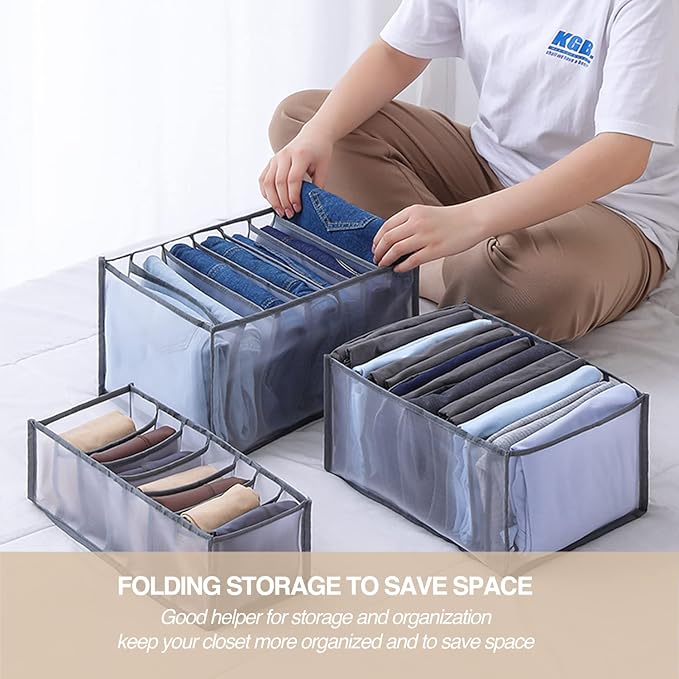 Wardrobe Clothes Organizer, 7 Grids Washable Portable Closet Organizer Mesh Separation Storage Box Foldable Closet Drawer Organizer for Underwear, Socks, Scarves, Jeans (Grey, 2 Jeans Grid)