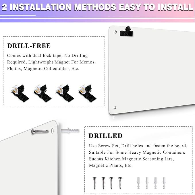 White Magnetic Board,17.5" x 11.4" Magnet Bulletin Board to Display Magnetic Notes, Poetry, Photos, Suitable for Wall, Refrigerator, Cabinet etc, Come with 4 Pcs Dual Lock Tape and Screws