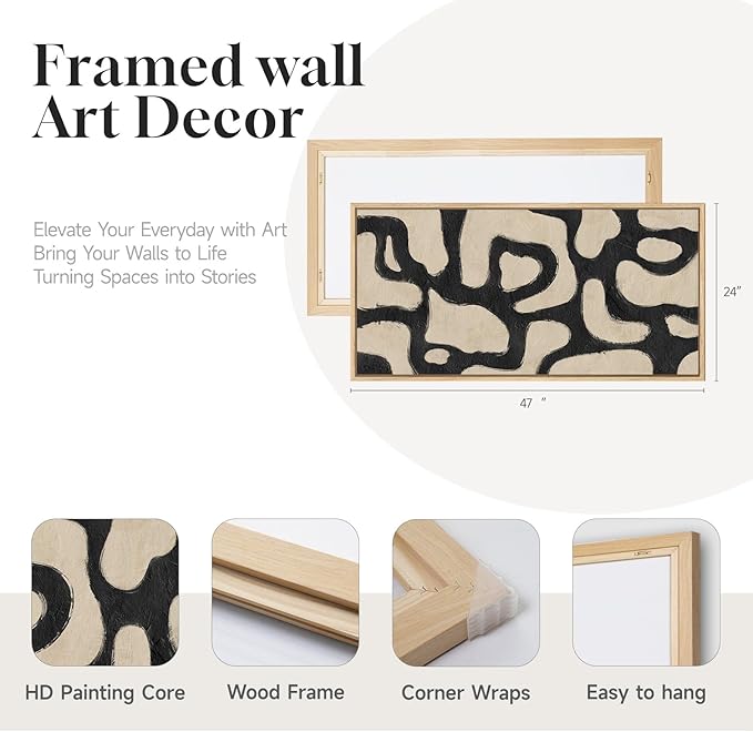 Framed Abstract Neutral Horizontal Wall Art for Living Room, Black Beige Mid Century Modern Artwork for Walls, Large Abstract Canvas Painting Print for Bedroom Hallway Home Office Wall Decor, 24x48 In