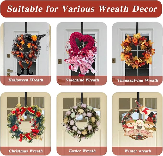 Wreath Door Hanger, Black Wreath Hanger for Front Door, Adjustable Wreath Hanger from 15 to 25 Inches Wreath Hangers, Metal Doors Wreath Hangers for Christmas, Spring, Easter Decorations Wreaths