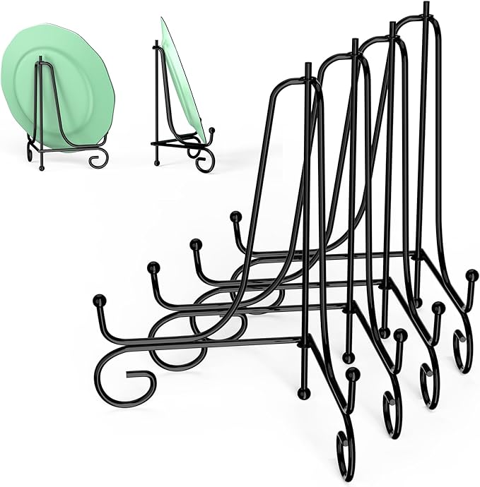 8 Inch 4 Pack Iron Display Stand, Metal Easel Stand for Picture Frame, Black Wire Iron Easel Plate Holder Dish Stand for Displaying Pictures, Decoration Plates, Books Dishes and Arts
