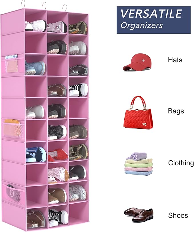 coastal rose Hanging Shoe Organizer for Closet, 30 Sections Hanging Closet Organizers and Storage Shelves Space Saving Shoe Racks Holder Pink,17" W×11.5" Dx 48" H