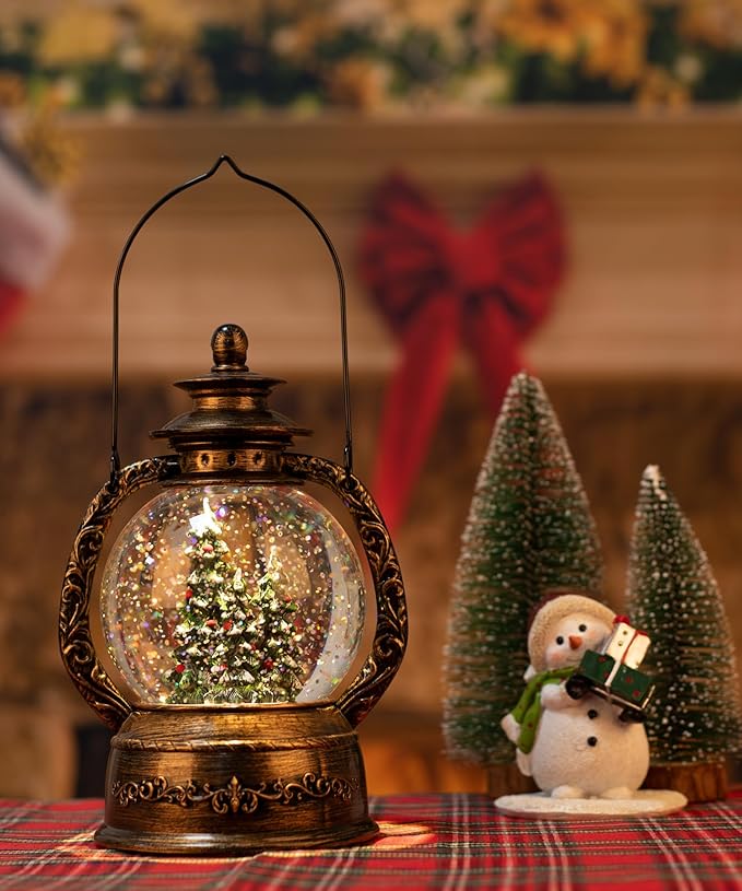 Christmas Tree Snow Globe Lantern-Glittering Light Up Musical Snow Globe Christmas Decorations, 6H Timer, USB & Battery Operated, Christmas Trees Indoor Home Décor