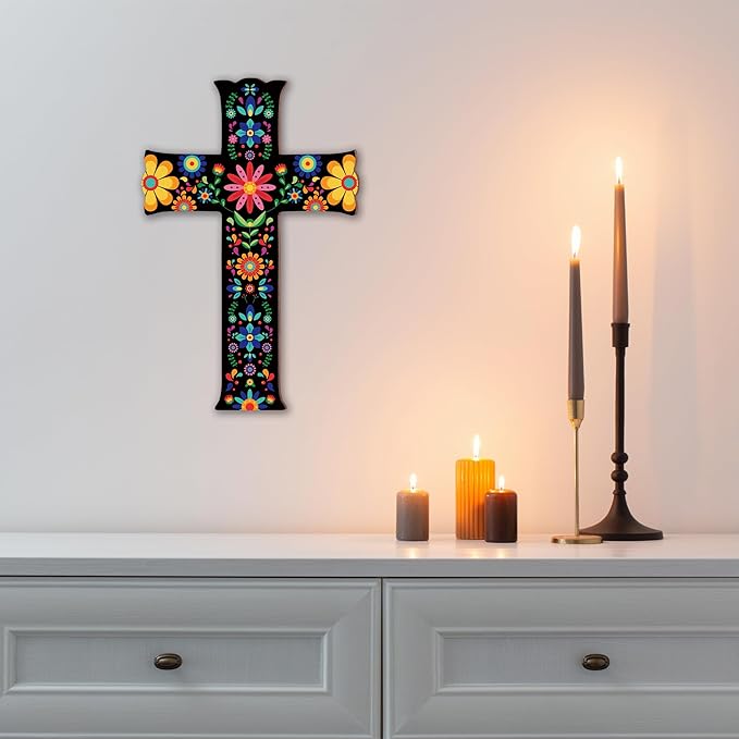 TNVDFNBR Floral Mexican Cross Wall Decor, Hand Painted Wooden Cross Wall Art, Mexican Crucifix for Home Room Church Decoration (6.5x10 Inches)-A01