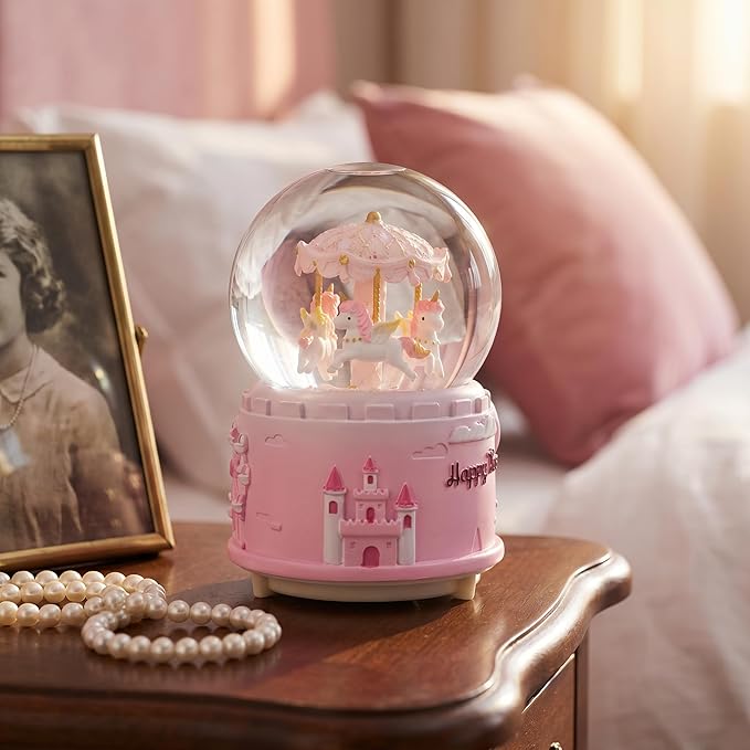 Unicorn Musical Snow Globe for Kids Girls Carousel Music Box with 7 Led Lights Swirling Glitter for Birthday Valentines