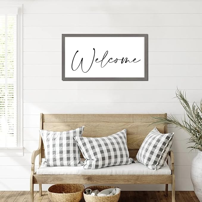 Life Positive Quote Wood Sign with Bible Verse Welcome Gray Frame Wooden Plaque Birthday Housewarming Gift for New Home Cafe Bar Farmhouse Porch Garden Yard Cottage Wall Decor 12x22in