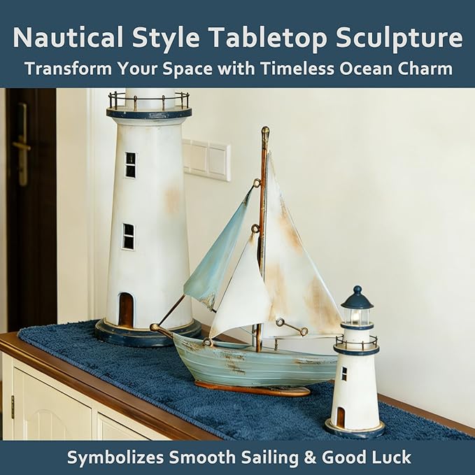 Retro Metal Sailboat Decor, Iron Nautical Sculpture for Home, Vintage Boat Figurine for Living Room Table, Office Desk, Bookshelf, Coastal Style Decoration (Blue & White)