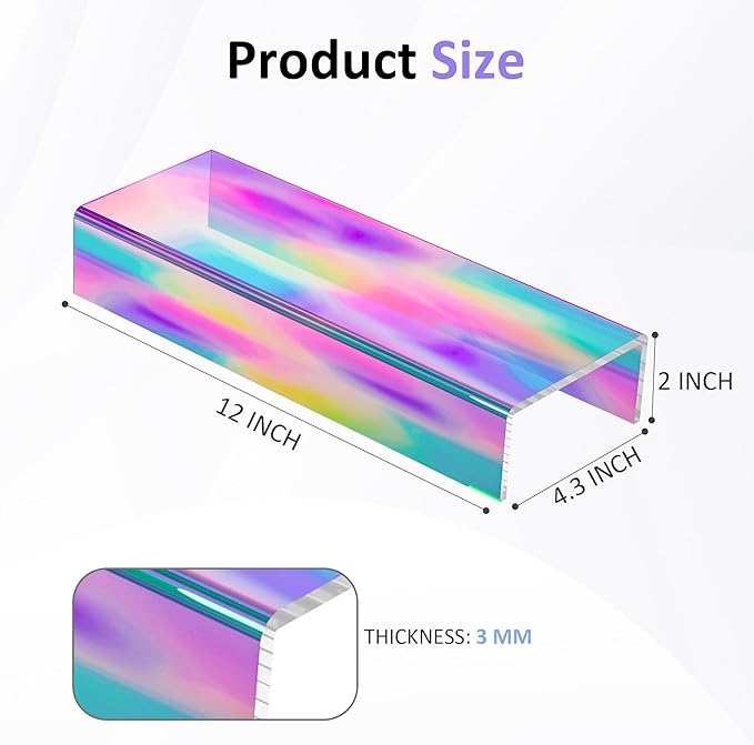 Sezanrpt Acrylic Shelf Riser 12x4.3x2 pack of 2, Iridescent Display Shelf 12” for Shoes, Glasses, Plants, Home Decors, Perfume, 12x4.3x2 Inch