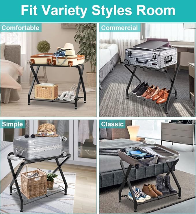 Folding Luggage Rack with 2-tiers Storage Shelf, Foldable Steel Frame Luggage Organizers for Suitcase, Metal Luggage Holder for Guest room, Bedroom, Hotel, Closet, Black, 1pack