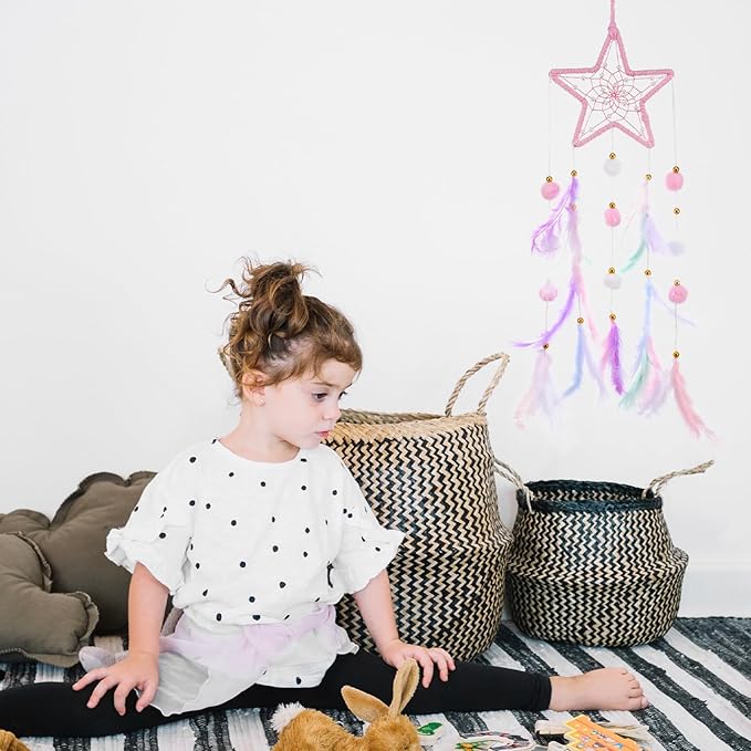 ElevateTech Pink Dream Catcher Wall Hanging Set, 2 Pcs Moon Star Pompom Feather Dreamcatcher Wall Decor Handmade Dream Catchers Boho Room Decor for Bedroom, Nursery Walls Art Birthday Gifts