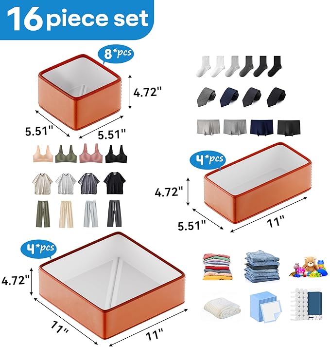 Vegan Leather Drawer Organizers,16 Pack Makeup Storage boxes,Vanity Drawer Luxury upgrade,Bedroom fabric Drawers replacement,bathroom organization and storage Optimal solution