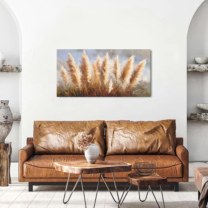 Vintage Boho Reed Canvas Wall Art Abstract Nature Plant Wall Decor Minimalist Botanical Prints Pictures Dried Reeds Flowers Poster Painting Artwork for Living Room Bedroom Home Decoration 20x40"