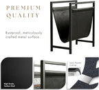 Modern Magazine Rack for Living Room and Office | Freestanding Metal and Leather Magazine Holder | Contemporary Storage Organizer for Books, Newspapers | Minimalist Home and Lounge Decor (Black)