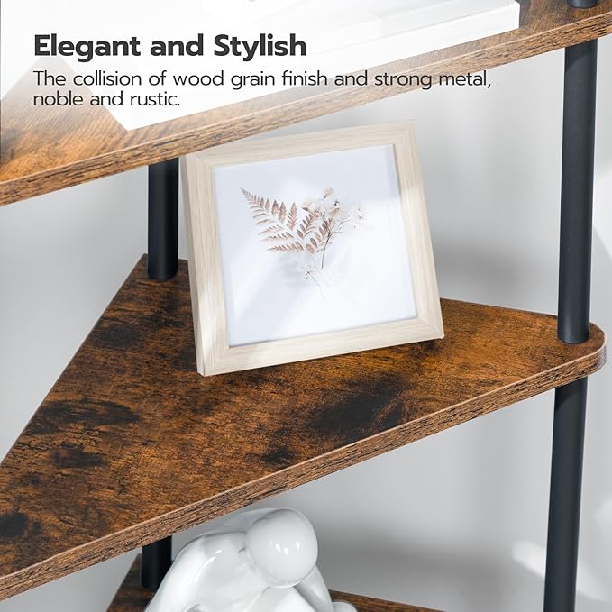 HOOBRO Corner Shelf Stand, Industrial 6-Tier Wall Corner Bookshelf with Metal Frame, Plant Display Shelf, Bookcase for Small Spaces, Bedroom, Living Room, Rustic Brown BF36CJ01