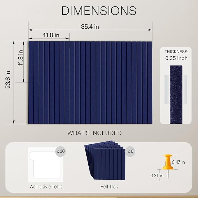 MaxGear Large Cork Boards for Walls 36" x 24", Dark Blue Felt Bulletin Board Tiles for Office Decor, 6 Pack Felt Wall Tiles with Slat Paneling, Push Pin Board Home Wall Organizer