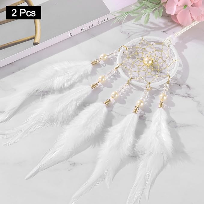 uxcell 2pcs Dream Catchers, Small Handmade Feather Dreamcatcher Supplies Car Charm with Crystal Beads Wall Hanging Decor for Home Car Decoration Ornament Women Friend Gift, White/Silver