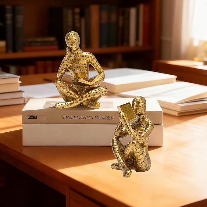 Antique Gold Reading Thinker Statue, Set of 2 Bookshelf Decor Abstract Art Thinker Sculptures, Modern Aesthetic Figurine Home Decoration Ornaments for Living Room Office Shelf Coffee Table Desk Decor