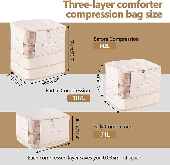 6 Pack Space Saving Comforter Storage Bag with Handle, 3-Layer Compression Blanket Storage Bags Adjustable In 3 Sizes (142L, 107L, 71L), Washable Bedding Organizer For Pillow Duvet Clothing Plush Toy