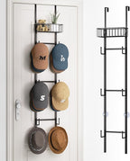 HapiRm Over Door Hat Rack - Wall Mounted Hat Organizer with 6 Hooks and Metal Basket Design, Baseball Cap Organizer Storage Holder Up to 32 Caps for Door, Bedroom, Closet (Black)