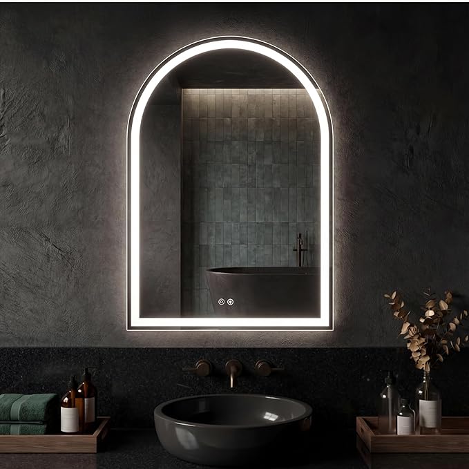 DUMOS 24"x36" LED Bathroom Mirror with Lights, Arched Vanity Mirror with Anti-Fog, Dimmable, 3-Color Light, Memory Function, Front Light and Backlit, Tempered Glass