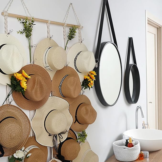 Macrame Hat Rack for Wall 31x53 in Hat Organizer with 15 Clips Hanging Hat Hanger Holder for Women Wide Brimmed Hat Storage for Fedora Boho Decorative Display
