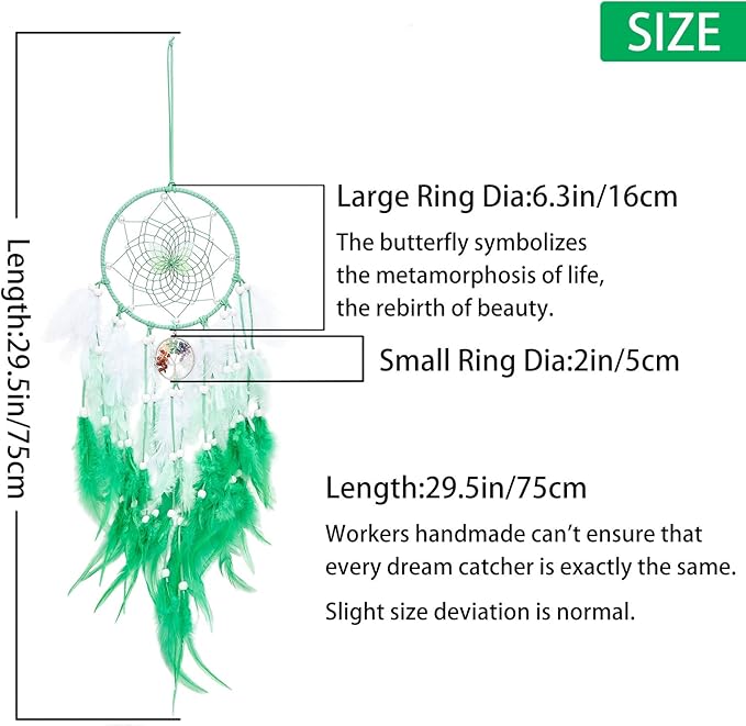 Dreamlike Butterfly Tree of Life Dream Catcher Wall Decor Green Dream Catcher with Crystal Stone Handmade Feather Dreamcatchers Home Decor Wall Hanging for Girls Bedroom Wedding Craft Gift-29.5"
