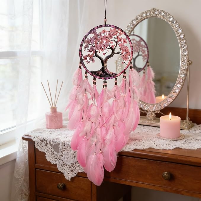 Dream Catcher Wall Hanging Decor for Bedroom Aesthetic, Handmade Traditional Wall Art with Feathers for Living Room, Nursery, Good Vibes Gift for Women,Girls,Home Decoration Wedding Party (Pink Tree)