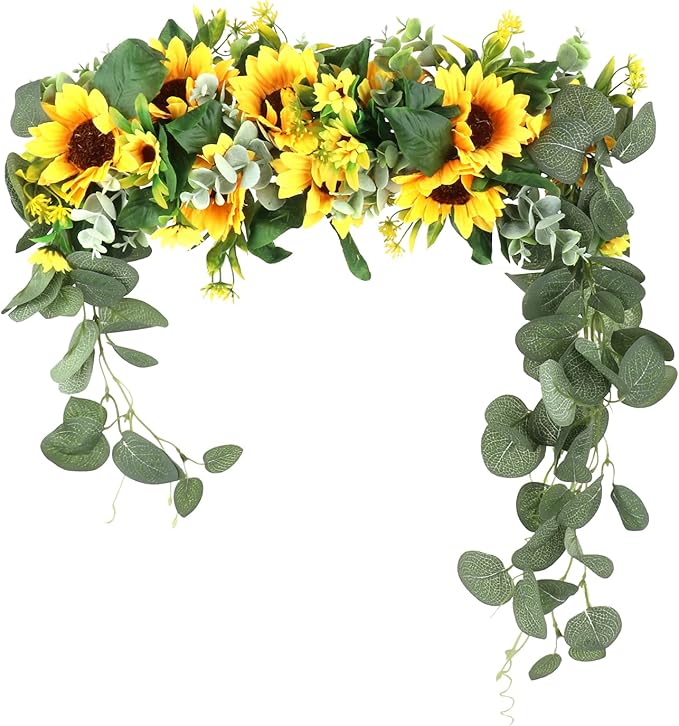 17.7inch Artificial Sunflower Swag Wreath, Decorative Flower Swag Wedding Arch Decor Wall Hanging Floral Door Swag for Wall Porch Farmhouse(#1)