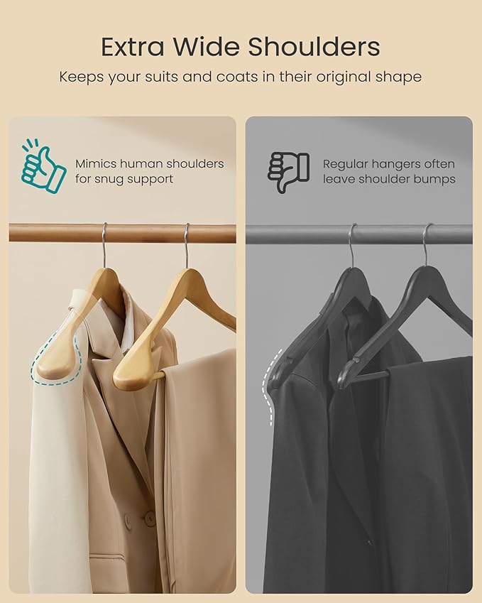 SONGMICS Extra Wide Wooden Suit Hangers, Set of 10 Clothes Hangers, Swivel Hooks, Non-Slip Bars, for Outfits, Suits, Coats, Shirts, Dresses, Natural Color UCRW050KZ02
