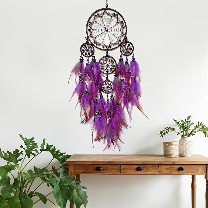 Large Dream Catcher Wall Decor Purple Dream Catchers with Wooden Bead Handmade Feather Dreamcatcher Wall Hanging Ornament for Bedroom Living Room Home Decor