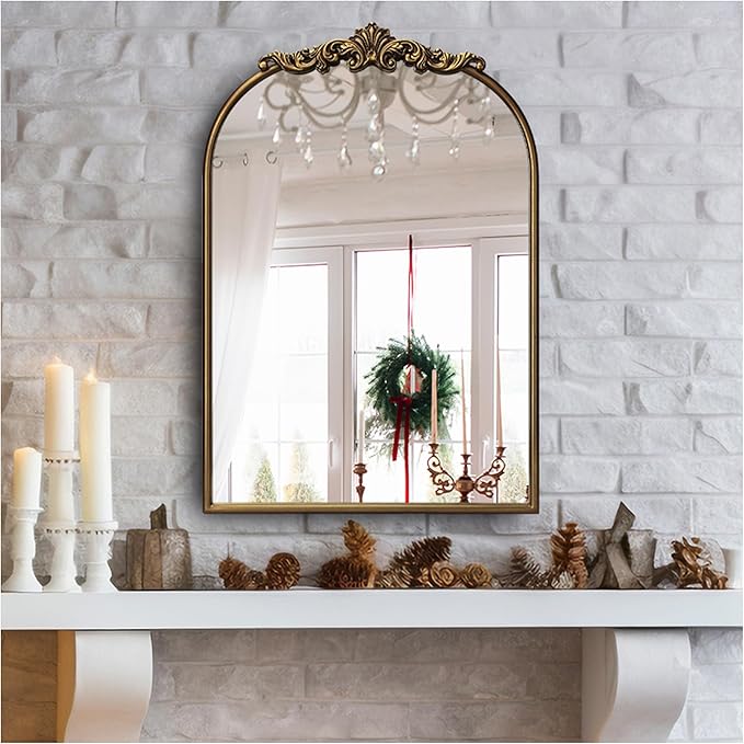 Ornate Baroque Vintage Gold Arched Wall Mirror 19"x27" – Antique Brass Vertical Decorative Mirror with Full Metal Frame, Ideal for Bedroom, Bathroom, Entryway, or Hallway