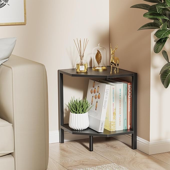 Creso hom Corner Shelf Stand, 2 Tier Industrial Corner Bookshelf, Multipurpose Standing Corner Display Shelf Countertop Organizer for Living Room Kitchen Bedroom Office, Black