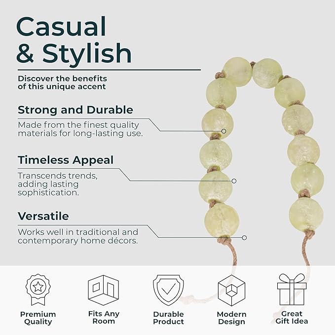 Modern Frosted Glass Bead for Home Decor and Bathroom - Refined Garland with Jute Cord Accent for Shelf and Coffee Table Styling - Light Reflective Piece for Office and Living Room - 3", Green