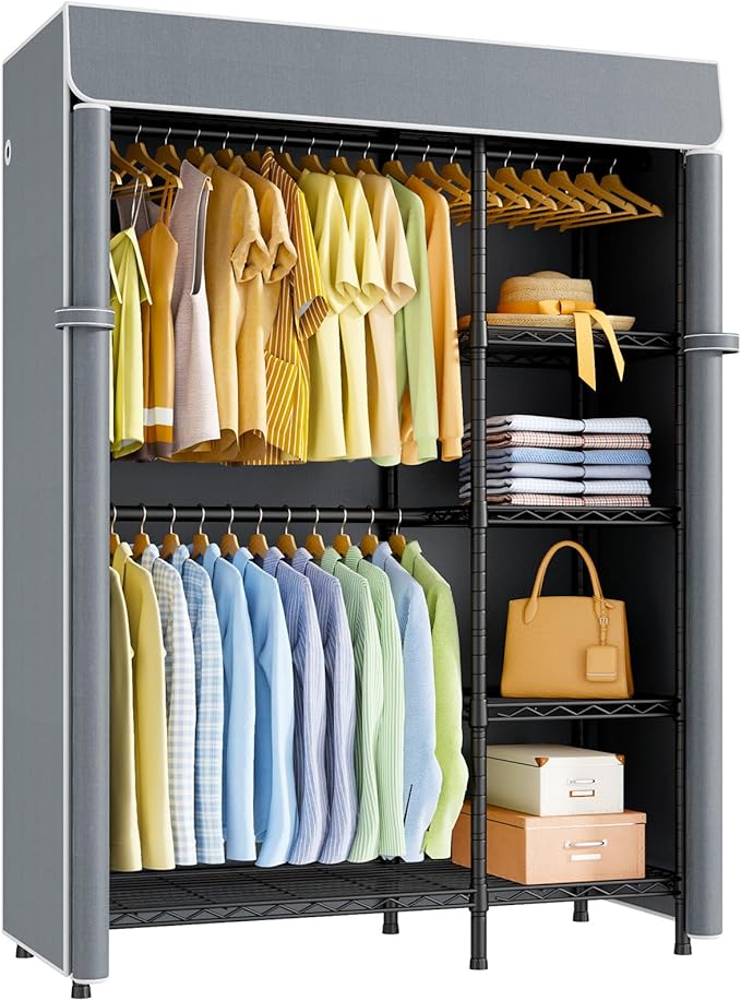 F2C Clothes Rack with Cover, Clothing Racks for Hanging Clothes, Heavy Duty Garment Rack with Shelves and Hanger Rods, Black Closet with Gray Cover, 47.2" W x 16.5" D x 78.3" H, Load 630lbs
