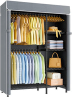 F2C Clothes Rack with Cover, Clothing Racks for Hanging Clothes, Heavy Duty Garment Rack with Shelves and Hanger Rods, Black Closet with Gray Cover, 47.2" W x 16.5" D x 78.3" H, Load 630lbs