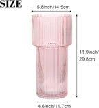 Large Pink Glass Vase, 12 Inches Tall Fluted Vase for Flowers, Modern Torch-Shaped Flower Vase with Ribbed Texture for Living Room, Dining Table, Office, Entryway, Mantle, Shelf, Wedding Gifts