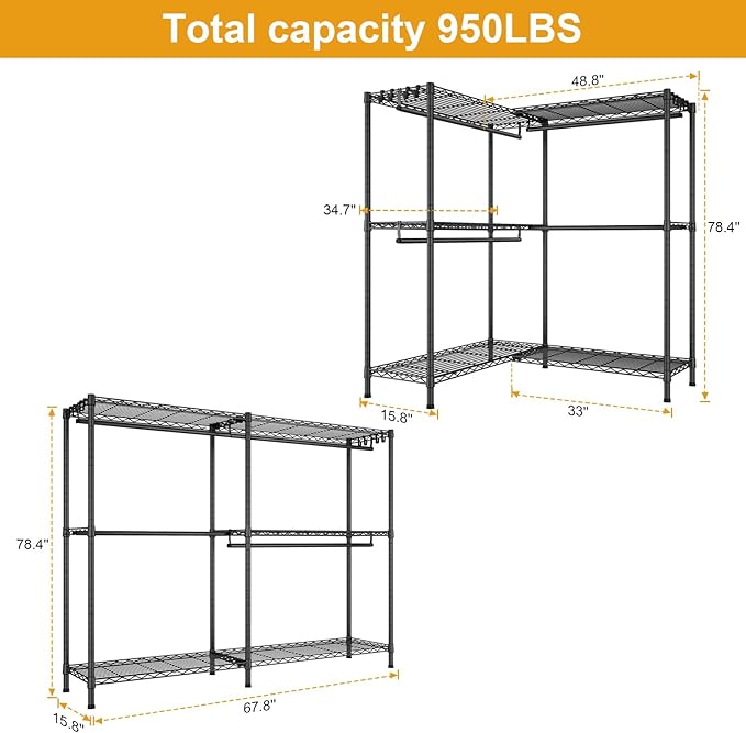 E15 Pro Garment Rack L Shaped Clothes Rack for Corner，Freestanding Clothing Racks for Hanging Clothes，Heavy Duty Closet System with 4 Hanging Rods & 8 S Hooks，48.8"W x 15.8"D x 78.4"H，Black
