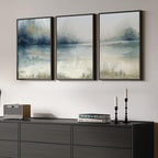 Framed Abstract Landscape Wall Art, 3 Piece Blue Watercolor Canvas Prints Paintings Artwork for Walls, Misty Lake Mountain Nature Pictures for Living Room Dining Room Bedroom Wall Decor 16x24 In