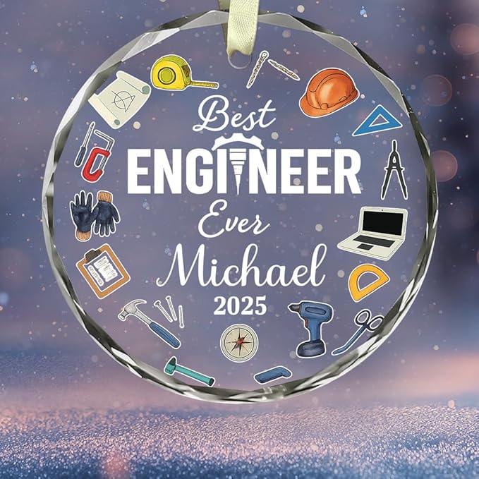 BSQUIELE Personalized Best Engineer Ever Glass Ornament 2025 - Civil Engineering Gift for Retirement Custom Name Keepsake - Unique Xmas Tree Hanging Decoration