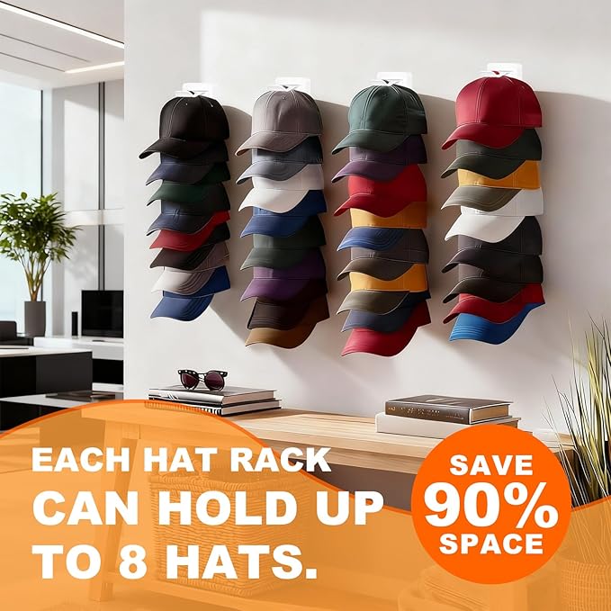 2 Pack Hat Organizer for Baseball Caps, Hat Rack for Wall, Strong Adhesive & Screw-in Cap Holder hat hangers for Closet Door & Bedroom