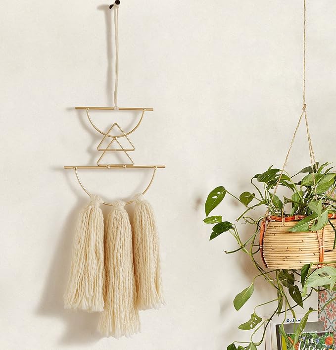 IOWER Boho Wall Decor Macrame Wall Hanging Small Metal Wall Art Cute Wall Decor For Living Room Bedroom(Ivory, 13"Lx4.7"w)