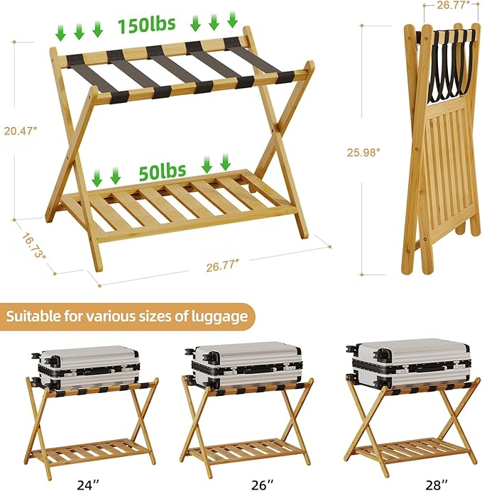 Full Assembled Luggage Rack Set of 2, Bamboo Luggage Holder Rack for Guest Room, 26.77" L Folding Suitcase Stand with 5 Nylon Straps & Storage Shelf for Bedroom Hotel (2 Pack - Natural)