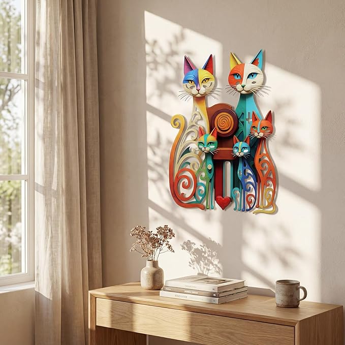 Wesiti Cat Wall Art Decor Iron Wall Sculptures Decor for Cats Lover 12.6 x 15.7 Inches Colorful Mid Century Cat Retro Signs for Home Living Room Bedroom Kitchen Office(Refined)