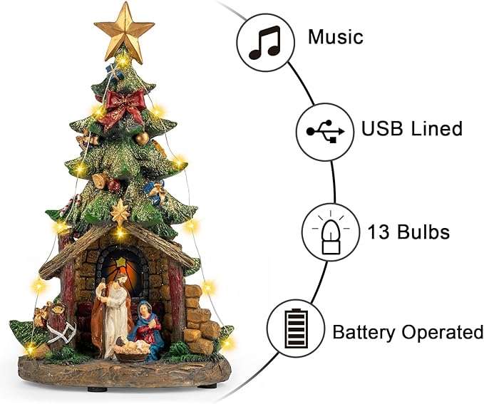VISFLAIR 12'' Christmas Tree Lighted Manger Nativity Scene, Musical Holy Family Collectible Buildings Figurines LED Light Play Silent Night Music, Holiday Decorations Gifts for Family or Friends