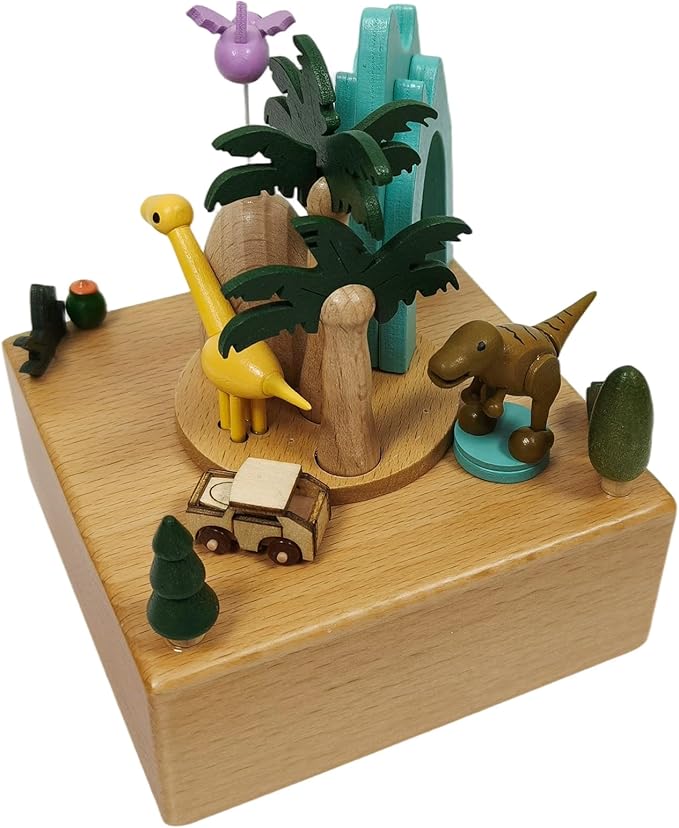 Briskfeel Wooden Jurassic Dinosaurs Music Box - Moving Car & Dinosaur, Mechanical Musical Box, Gift for Dinosaur Lovers and Music Box Enthusiasts, Unique Desk Decoration