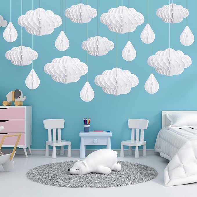 Affrolling 20 Pcs 3D Cloud Decorations Raindrop Decorations Hanging Honeycomb Decor Artificial Fake Cloud Ornaments for Ceiling Birthday Nursery Room Baby Shower Party Decor