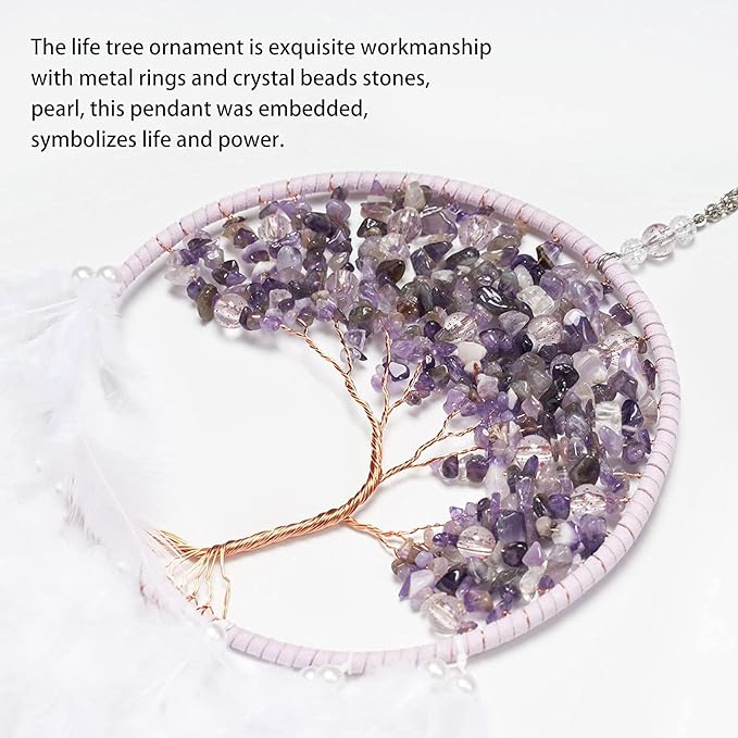 Pretty Jolly Fairy Purple Tree of Life Dream Catcher Wall Decor with Healing Crystal Stone Handmade Feather Dream Catchers Decoration Wall Hanging Ornaments for Bedroom Wedding Party Home Decor-25.6"